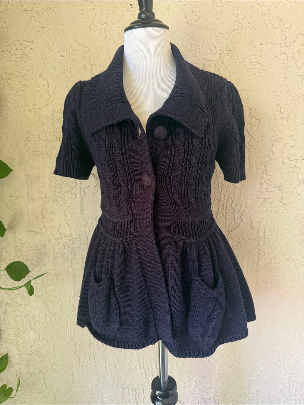 French Connection Navy Short-Sleeve Cable Knit Cardigan - Picture 1 of 10